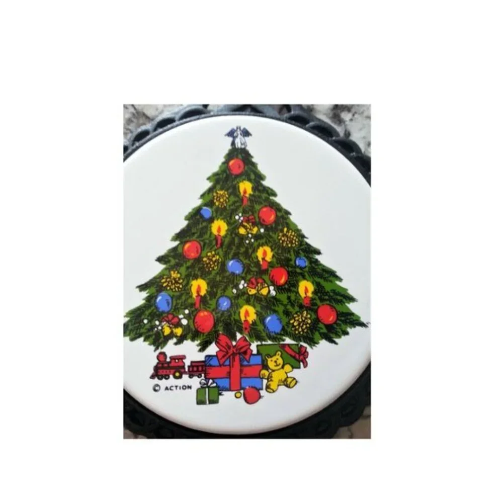 Vintage Cast Iron Christmas Tree & Tile Trivet Hot Pad Footed 11 1/4